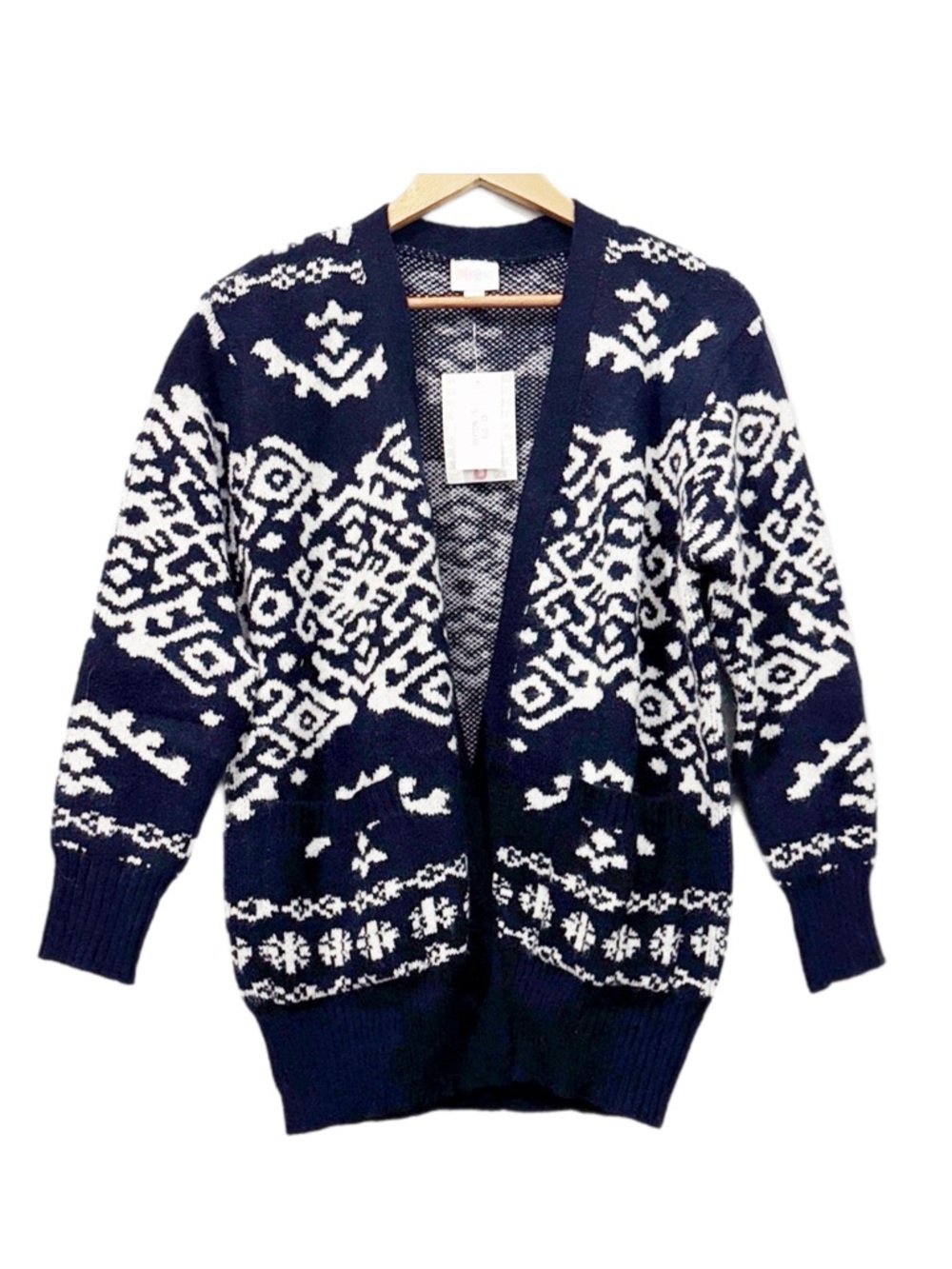 NWT S OPEN FRONT KNIT CARDIGAN, oversized, LuLaRoe Peyton. Navy and white